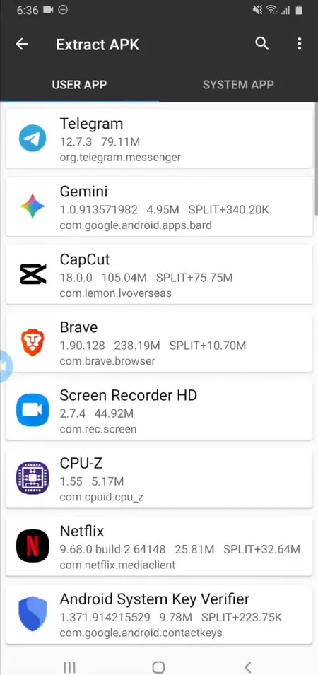 Installed-app list in the Android APK extraction tool