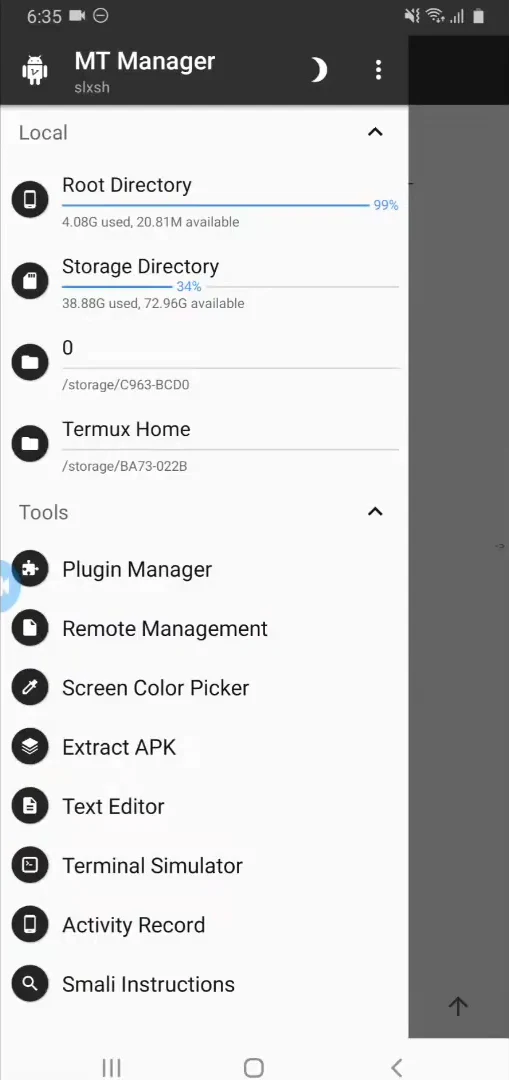 Navigation drawer showing storage locations and built-in tool shortcuts